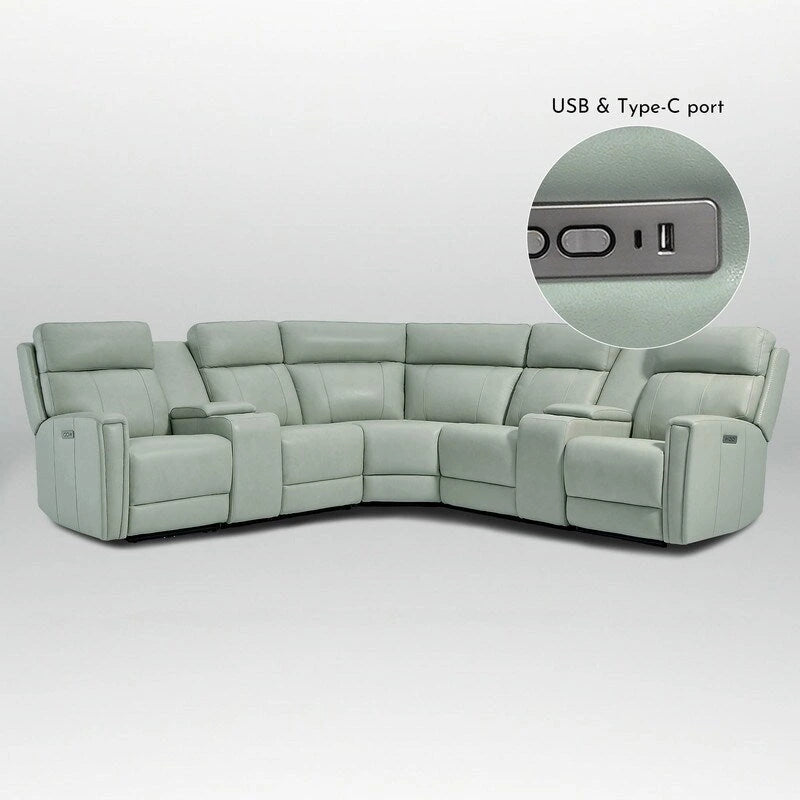 Sofa Garnitur aus echtem Leder mit elektrischer Relaxfunktion, verstellbaren Kopfstützen, USB- und USB-C-Anschluss