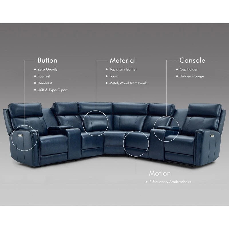 Sofa Garnitur aus echtem Leder mit elektrischer Relaxfunktion, verstellbaren Kopfstützen, USB- und USB-C-Anschluss