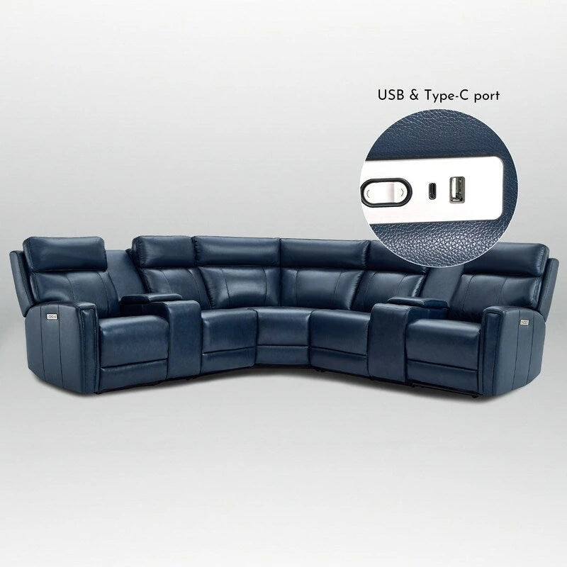 Sofa Garnitur aus echtem Leder mit elektrischer Relaxfunktion, verstellbaren Kopfstützen, USB- und USB-C-Anschluss