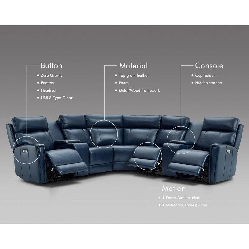 Sofa Garnitur aus echtem Leder mit elektrischer Relaxfunktion, verstellbaren Kopfstützen, USB- und USB-C-Anschluss