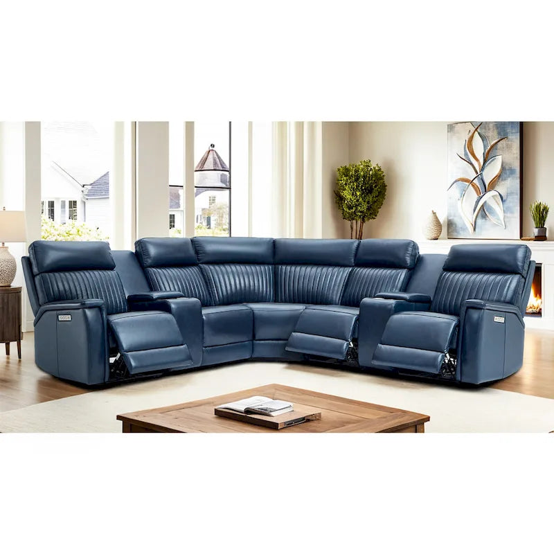 Genuine Leather Power Recliner Sectional Sofa with Ajustable Headrest, Power Lumbar, USB&USB-C Port