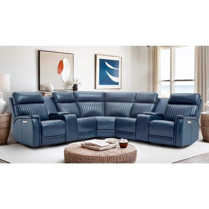 Sofa aus echtem Leder mit motorisierter Relaxfunktion, verstellbaren Kopfstützen, Lordosenstütze und USB- & USB-C-Anschluss