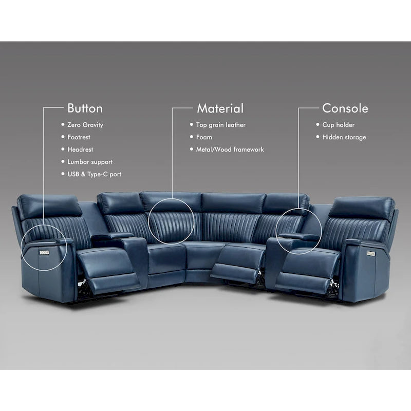 Sofa aus echtem Leder mit motorisierter Relaxfunktion, verstellbaren Kopfstützen, Lordosenstütze und USB- & USB-C-Anschluss