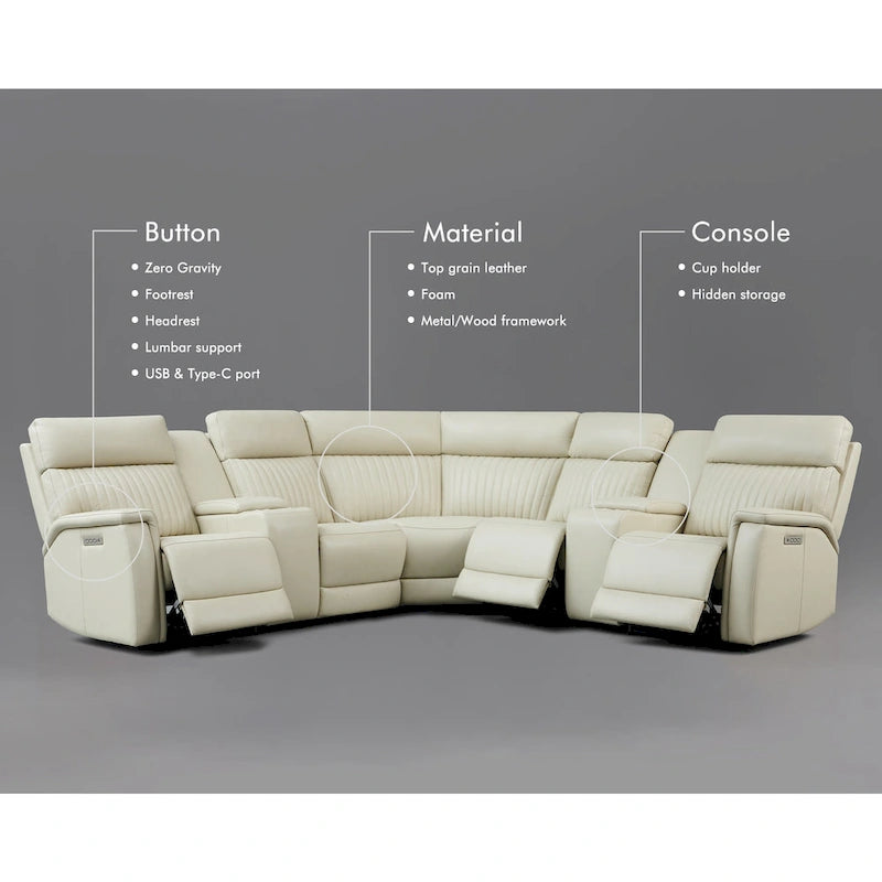 Sofa aus echtem Leder mit motorisierter Relaxfunktion, verstellbaren Kopfstützen, Lordosenstütze und USB- & USB-C-Anschluss