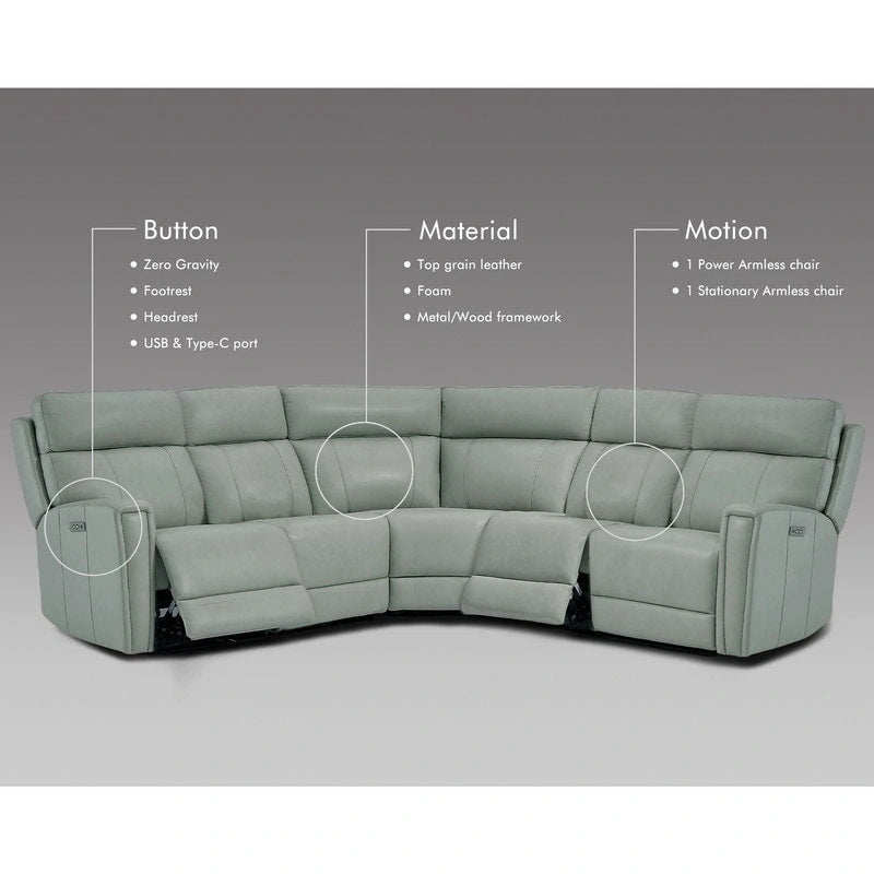 Ecksofa mit Relaxfunktion aus echtem Leder mit verstellbarer Kopfstütze, doppelter motorischer Verstellung, USB- und USB-C-Anschluss