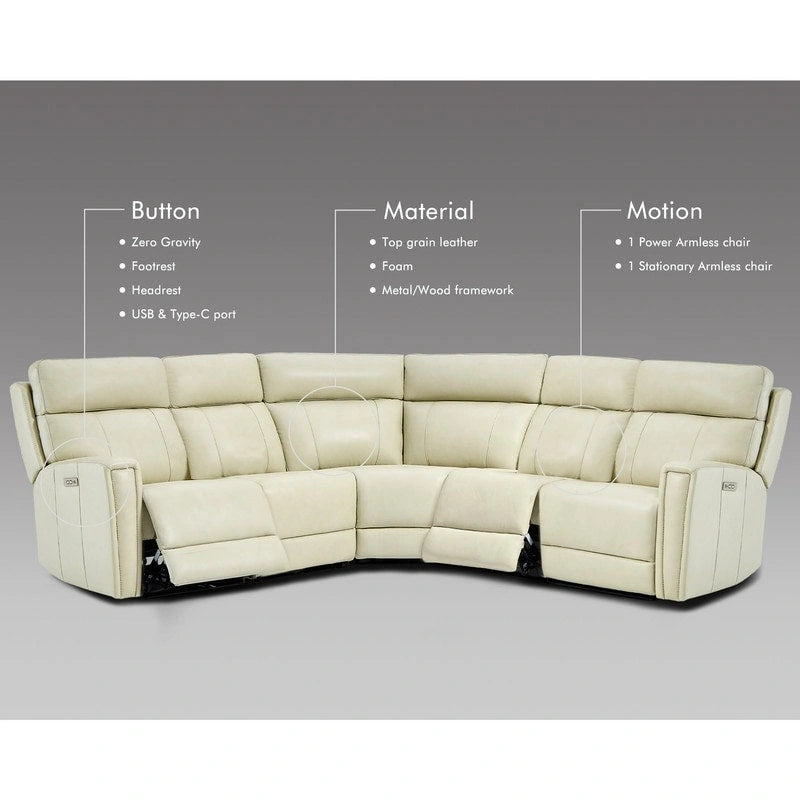 Ecksofa mit Relaxfunktion aus echtem Leder mit verstellbarer Kopfstütze, doppelter motorischer Verstellung, USB- und USB-C-Anschluss