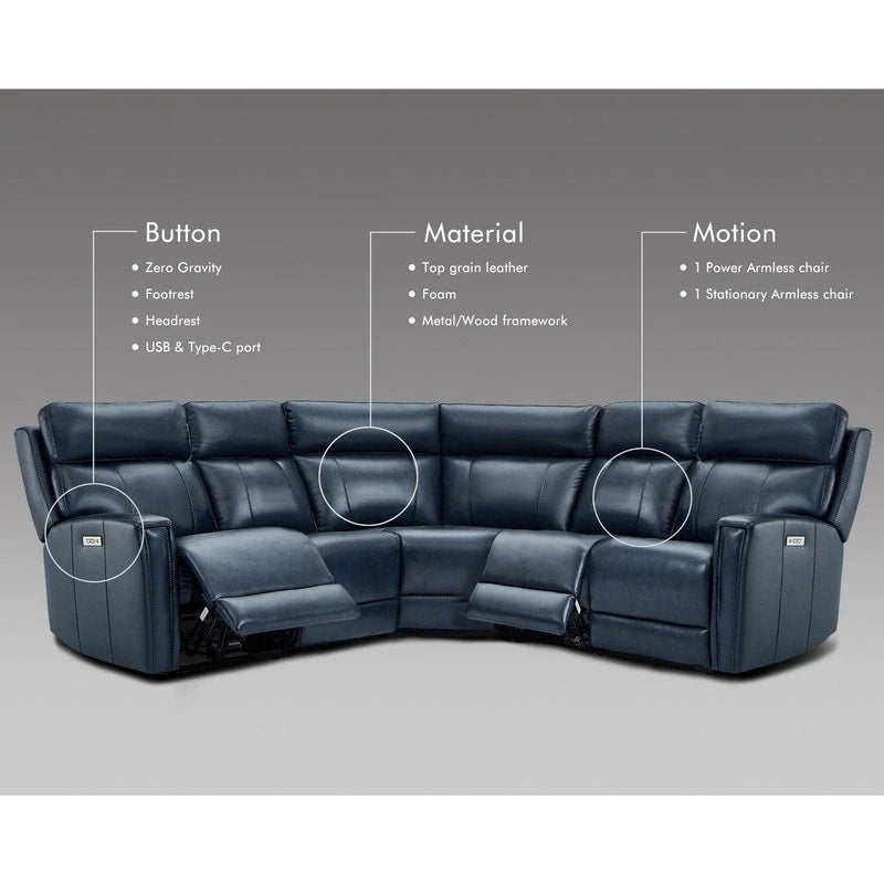Ecksofa mit Relaxfunktion aus echtem Leder mit verstellbarer Kopfstütze, doppelter motorischer Verstellung, USB- und USB-C-Anschluss