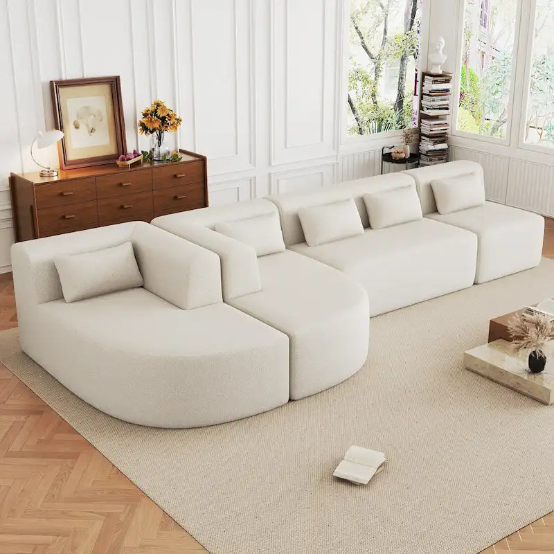 Gepolstertes Modulsofa mit 2 geschwungenen Chaiselongues und 5 Rückenkissen, frei kombinierbares Sofaset für das Wohnzimmer