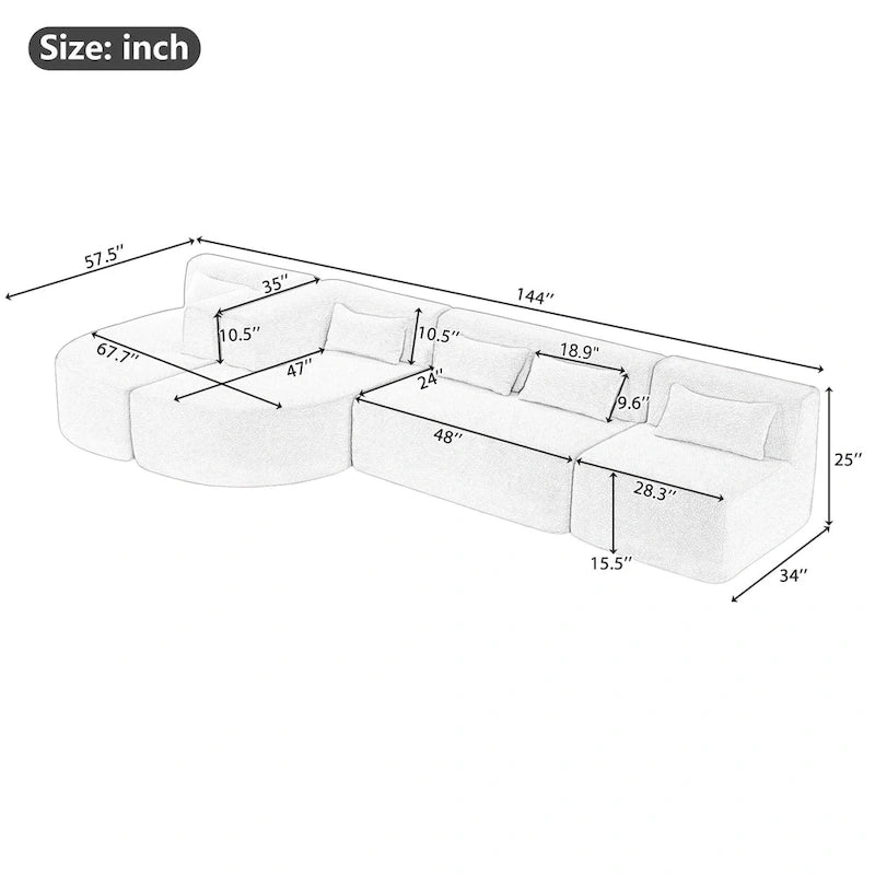 Gepolstertes Modulsofa mit 2 geschwungenen Chaiselongues und 5 Rückenkissen, frei kombinierbares Sofaset für das Wohnzimmer