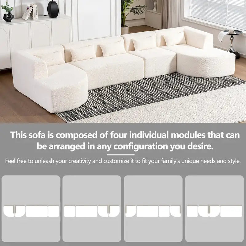 Gepolstertes Modulsofa mit 2 geschwungenen Chaiselongues und 5 Rückenkissen, frei kombinierbares Sofaset für das Wohnzimmer