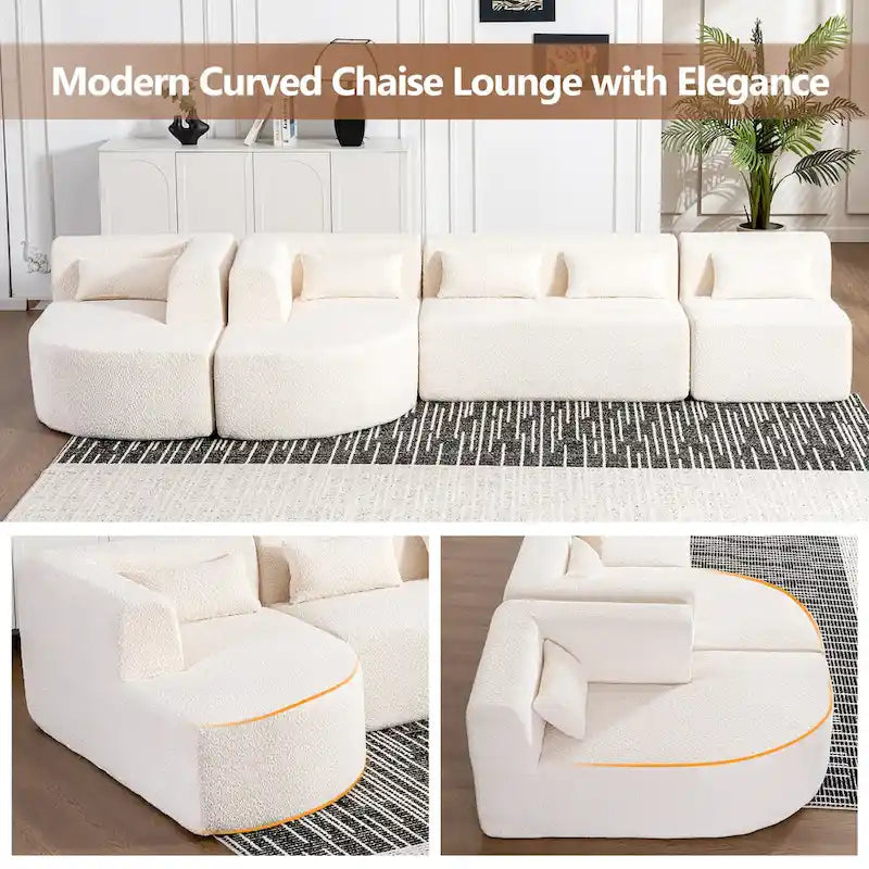 Gepolstertes Modulsofa mit 2 geschwungenen Chaiselongues und 5 Rückenkissen, frei kombinierbares Sofaset für das Wohnzimmer