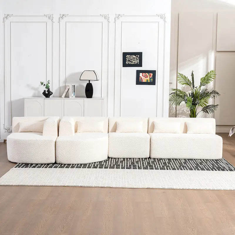 Gepolstertes Modulsofa mit 2 geschwungenen Chaiselongues und 5 Rückenkissen, frei kombinierbares Sofaset für das Wohnzimmer