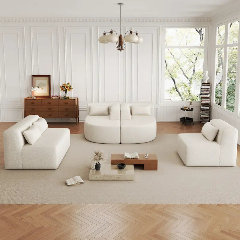 Gepolstertes Modulsofa mit 2 geschwungenen Chaiselongues und 5 Rückenkissen, frei kombinierbares Sofaset für das Wohnzimmer
