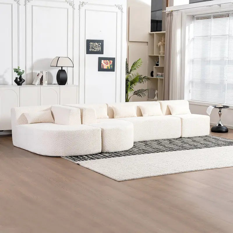 Gepolstertes Modulsofa mit 2 geschwungenen Chaiselongues und 5 Rückenkissen, frei kombinierbares Sofaset für das Wohnzimmer