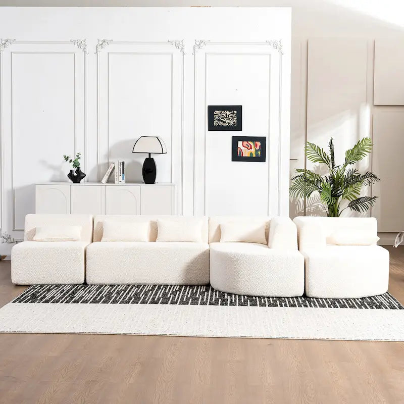 Gepolstertes Modulsofa mit 2 geschwungenen Chaiselongues und 5 Rückenkissen, frei kombinierbares Sofaset für das Wohnzimmer