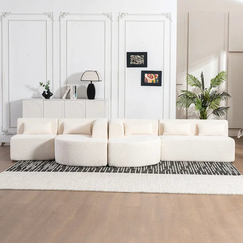 Gepolstertes Modulsofa mit 2 geschwungenen Chaiselongues und 5 Rückenkissen, frei kombinierbares Sofaset für das Wohnzimmer