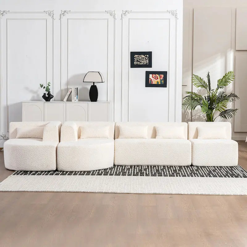 Gepolstertes Modulsofa mit 2 geschwungenen Chaiselongues und 5 Rückenkissen, frei kombinierbares Sofaset für das Wohnzimmer