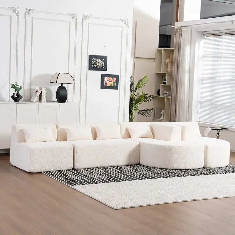 Gepolstertes Modulsofa mit 2 geschwungenen Chaiselongues und 5 Rückenkissen, frei kombinierbares Sofaset für das Wohnzimmer