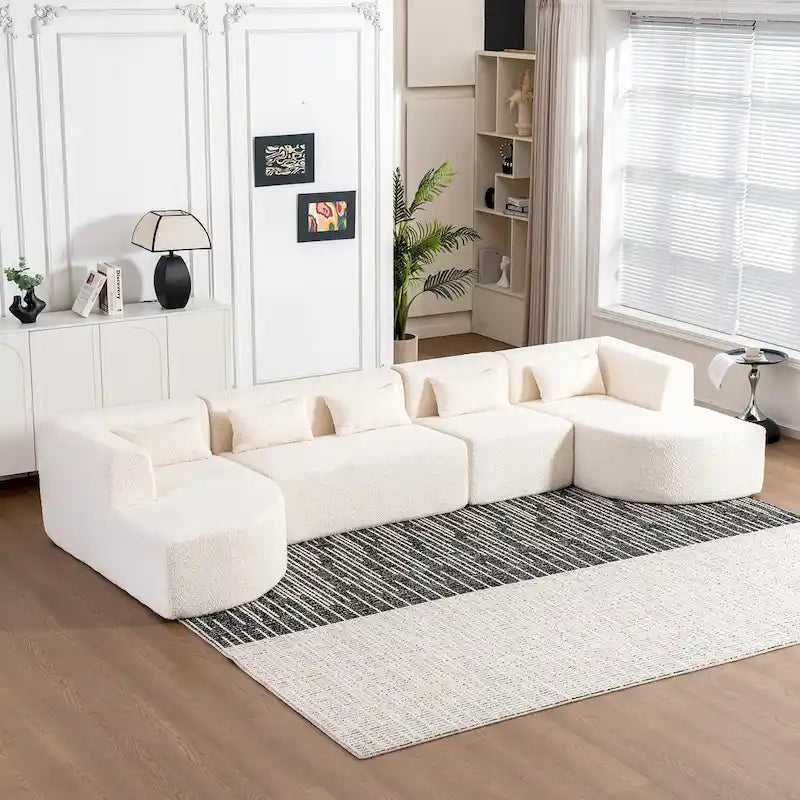 Gepolstertes Modulsofa mit 2 geschwungenen Chaiselongues und 5 Rückenkissen, frei kombinierbares Sofaset für das Wohnzimmer