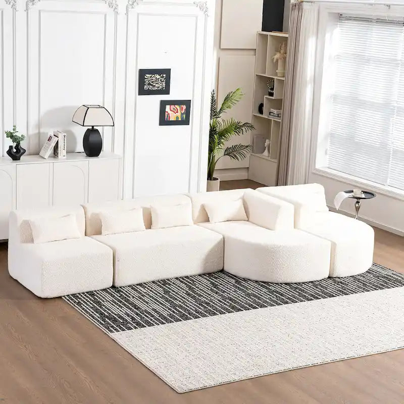 Gepolstertes Modulsofa mit 2 geschwungenen Chaiselongues und 5 Rückenkissen, frei kombinierbares Sofaset für das Wohnzimmer