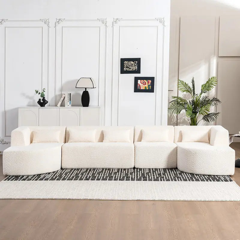 Gepolstertes Modulsofa mit 2 geschwungenen Chaiselongues und 5 Rückenkissen, frei kombinierbares Sofaset für das Wohnzimmer