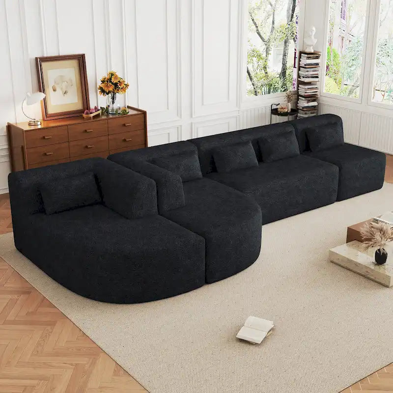 Gepolstertes Modulsofa mit 2 geschwungenen Chaiselongues und 5 Rückenkissen, frei kombinierbares Sofaset für das Wohnzimmer
