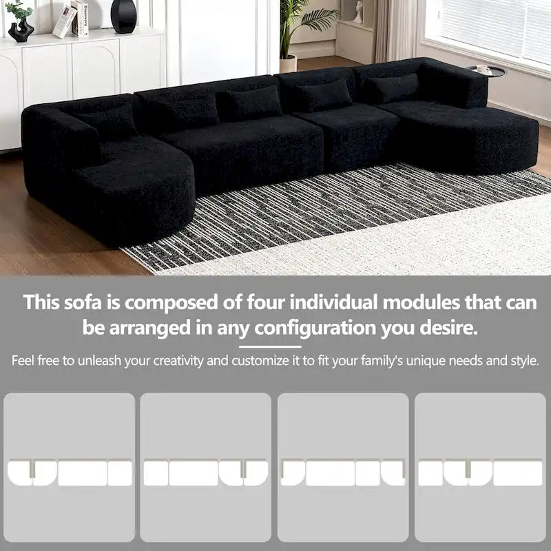 Gepolstertes Modulsofa mit 2 geschwungenen Chaiselongues und 5 Rückenkissen, frei kombinierbares Sofaset für das Wohnzimmer