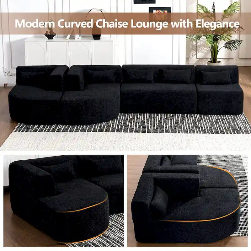Gepolstertes Modulsofa mit 2 geschwungenen Chaiselongues und 5 Rückenkissen, frei kombinierbares Sofaset für das Wohnzimmer