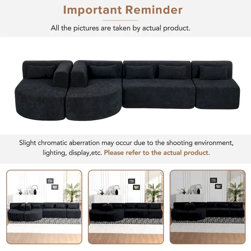 Gepolstertes Modulsofa mit 2 geschwungenen Chaiselongues und 5 Rückenkissen, frei kombinierbares Sofaset für das Wohnzimmer