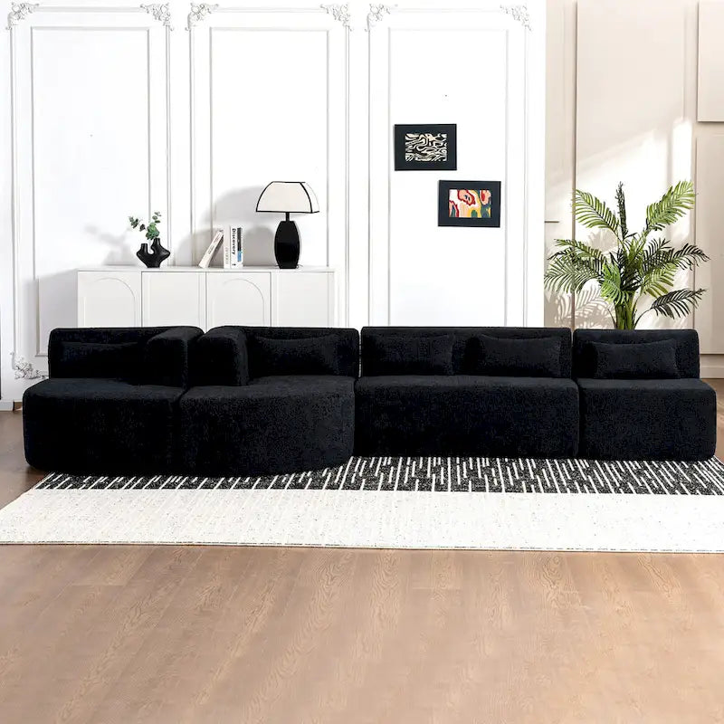 Gepolstertes Modulsofa mit 2 geschwungenen Chaiselongues und 5 Rückenkissen, frei kombinierbares Sofaset für das Wohnzimmer