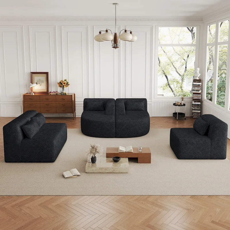 Gepolstertes Modulsofa mit 2 geschwungenen Chaiselongues und 5 Rückenkissen, frei kombinierbares Sofaset für das Wohnzimmer