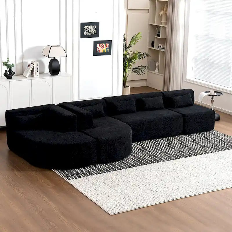 Gepolstertes Modulsofa mit 2 geschwungenen Chaiselongues und 5 Rückenkissen, frei kombinierbares Sofaset für das Wohnzimmer