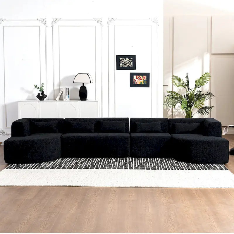 Gepolstertes Modulsofa mit 2 geschwungenen Chaiselongues und 5 Rückenkissen, frei kombinierbares Sofaset für das Wohnzimmer