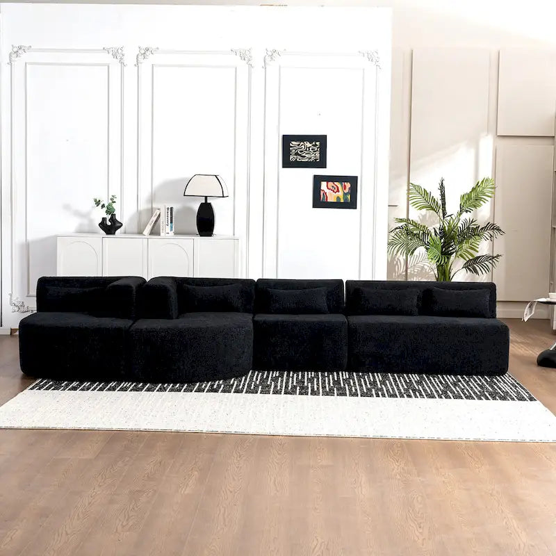 Gepolstertes Modulsofa mit 2 geschwungenen Chaiselongues und 5 Rückenkissen, frei kombinierbares Sofaset für das Wohnzimmer