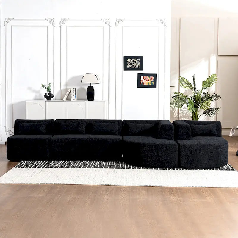 Gepolstertes Modulsofa mit 2 geschwungenen Chaiselongues und 5 Rückenkissen, frei kombinierbares Sofaset für das Wohnzimmer