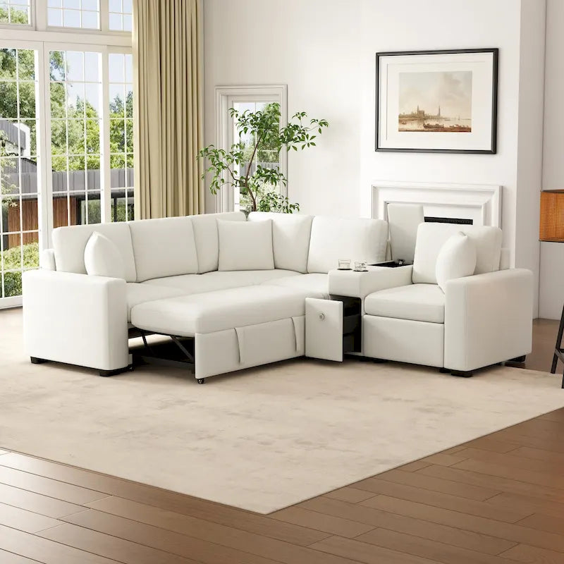 Chenille Ausziehbares Sektionssofa Schlafsofa Modulares Sektionssofa mit Kissen und 2 Becherhaltern für das Wohnzimmer