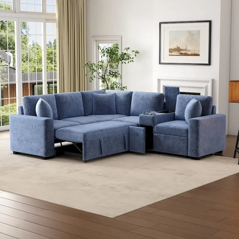 Chenille Ausziehbares Sektionssofa Schlafsofa Modulares Sektionssofa mit Kissen und 2 Becherhaltern für das Wohnzimmer