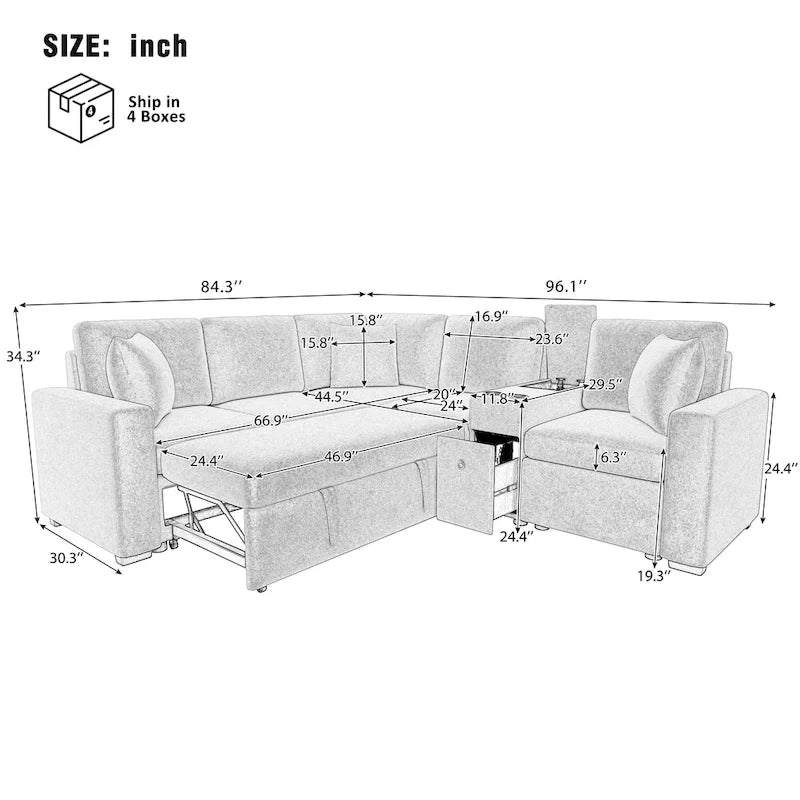 Chenille Ausziehbares Sektionssofa Schlafsofa Modulares Sektionssofa mit Kissen und 2 Becherhaltern für das Wohnzimmer