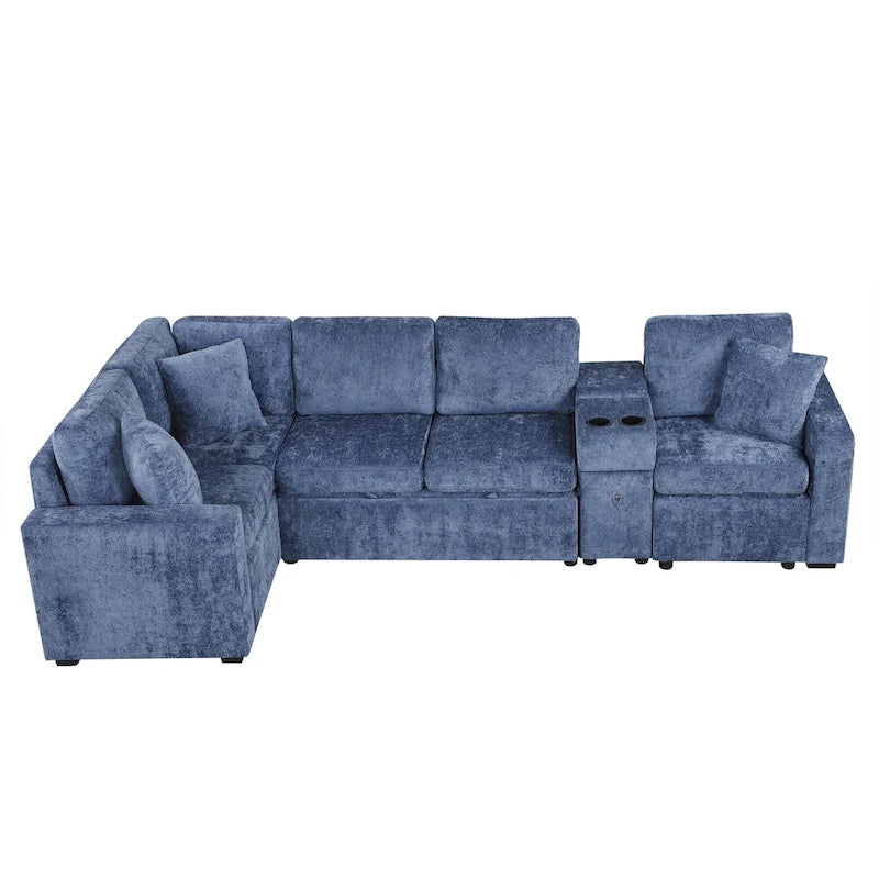Chenille Ausziehbares Sektionssofa Schlafsofa Modulares Sektionssofa mit Kissen und 2 Becherhaltern für das Wohnzimmer