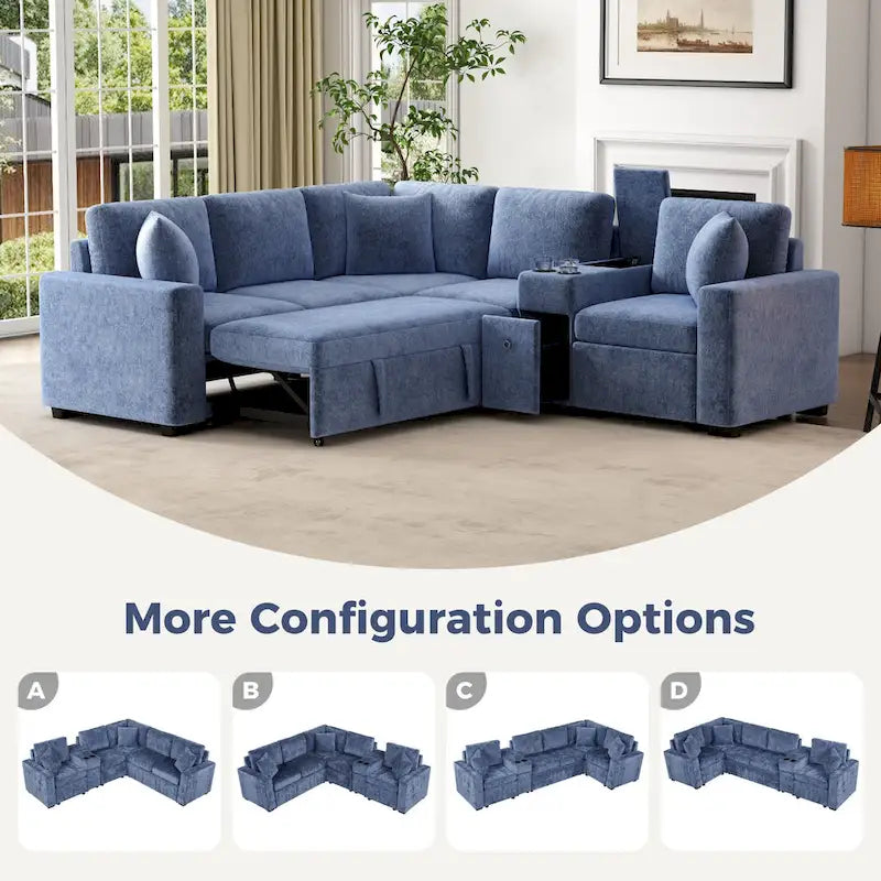 Chenille Ausziehbares Sektionssofa Schlafsofa Modulares Sektionssofa mit Kissen und 2 Becherhaltern für das Wohnzimmer
