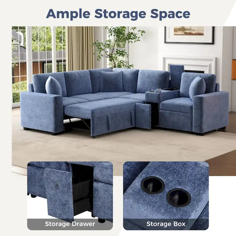Chenille Ausziehbares Sektionssofa Schlafsofa Modulares Sektionssofa mit Kissen und 2 Becherhaltern für das Wohnzimmer