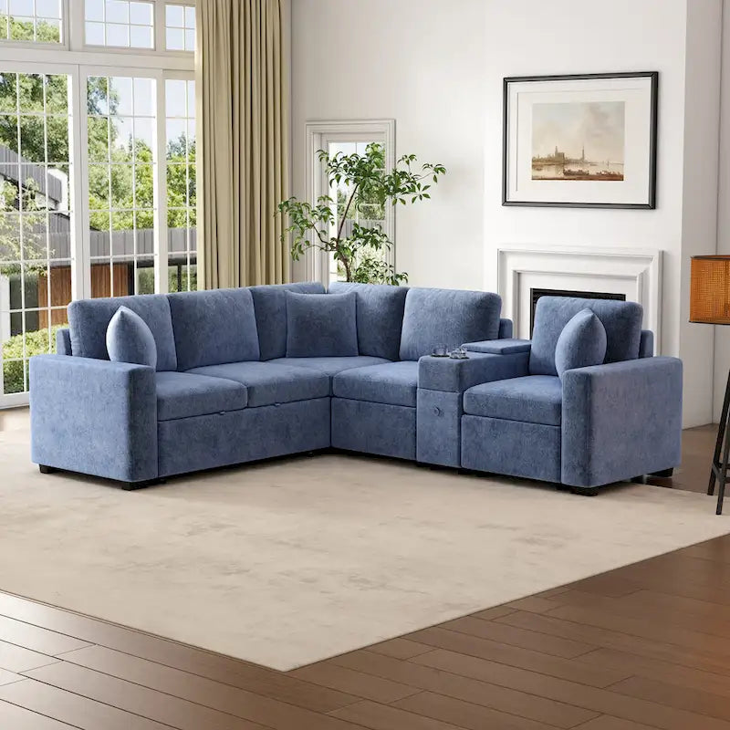 Chenille Ausziehbares Sektionssofa Schlafsofa Modulares Sektionssofa mit Kissen und 2 Becherhaltern für das Wohnzimmer