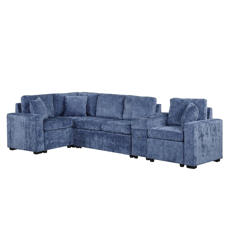 Chenille Ausziehbares Sektionssofa Schlafsofa Modulares Sektionssofa mit Kissen und 2 Becherhaltern für das Wohnzimmer