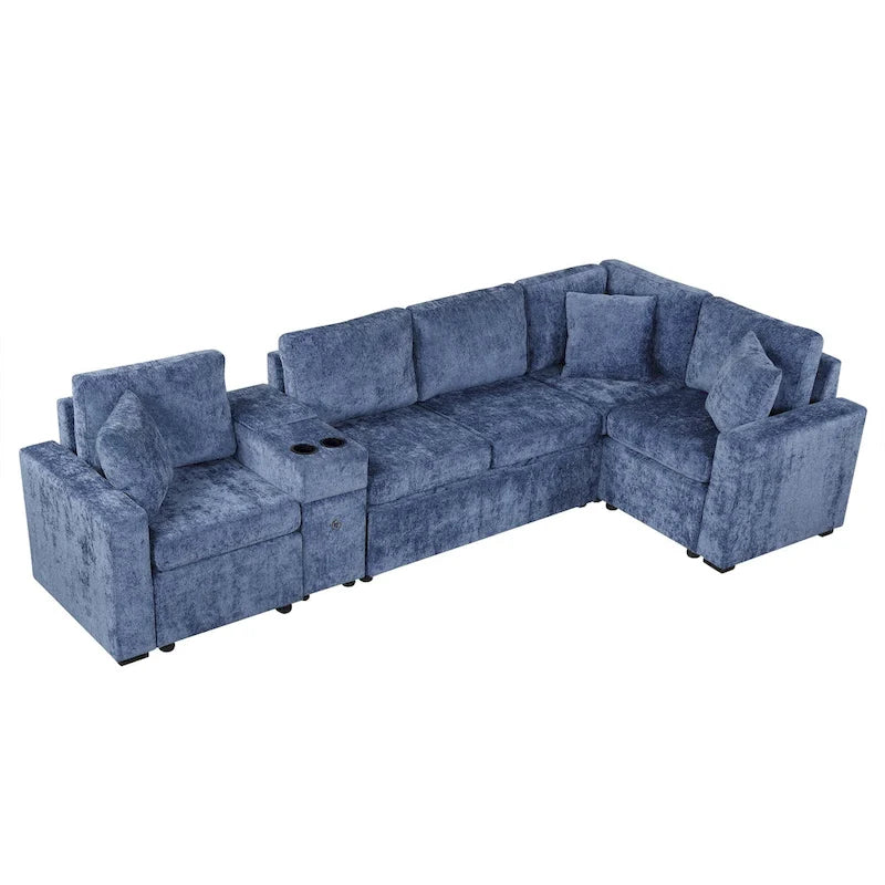 Chenille Ausziehbares Sektionssofa Schlafsofa Modulares Sektionssofa mit Kissen und 2 Becherhaltern für das Wohnzimmer