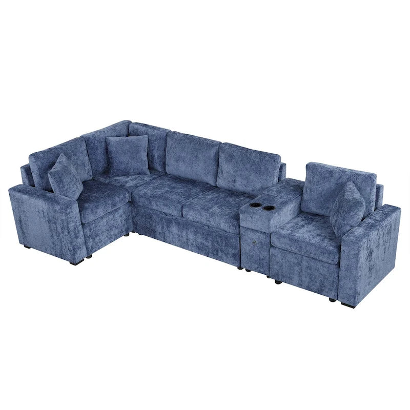 Chenille Ausziehbares Sektionssofa Schlafsofa Modulares Sektionssofa mit Kissen und 2 Becherhaltern für das Wohnzimmer
