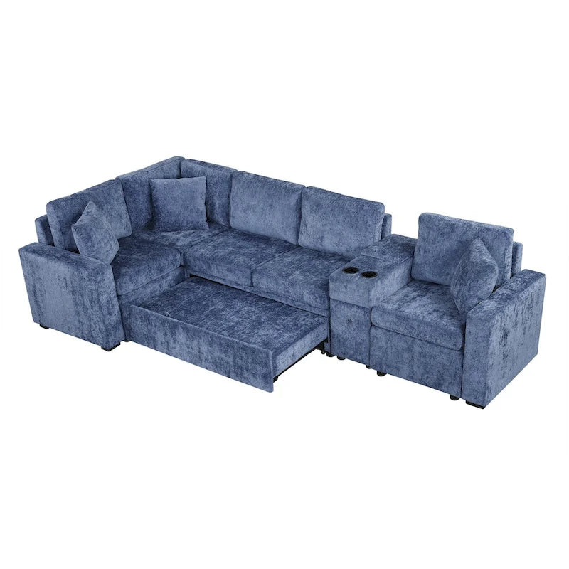 Chenille Ausziehbares Sektionssofa Schlafsofa Modulares Sektionssofa mit Kissen und 2 Becherhaltern für das Wohnzimmer