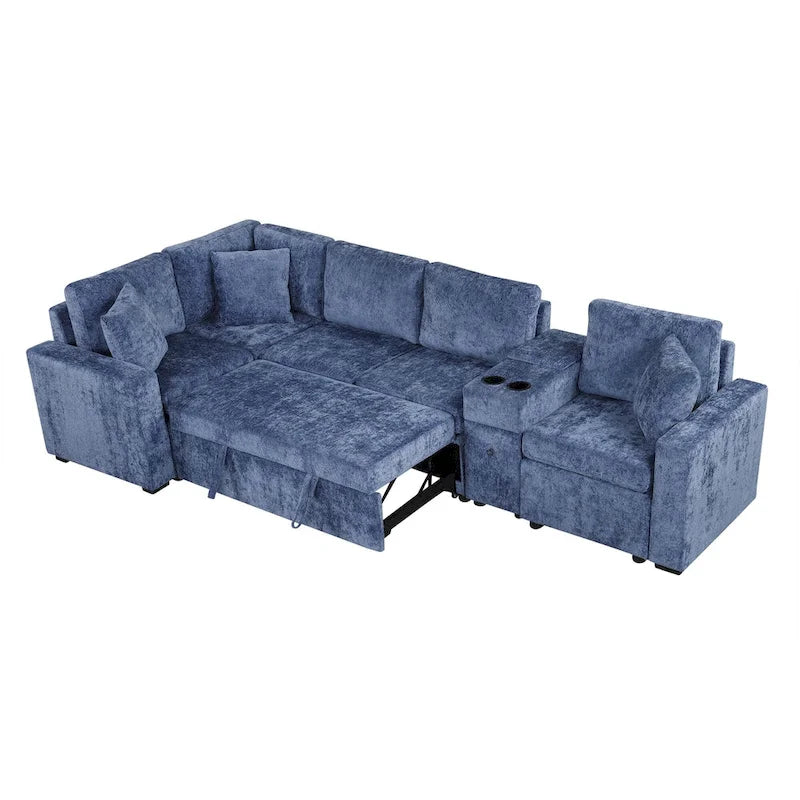 Chenille Ausziehbares Sektionssofa Schlafsofa Modulares Sektionssofa mit Kissen und 2 Becherhaltern für das Wohnzimmer