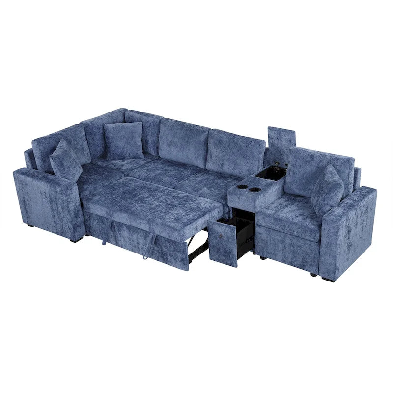 Chenille Ausziehbares Sektionssofa Schlafsofa Modulares Sektionssofa mit Kissen und 2 Becherhaltern für das Wohnzimmer