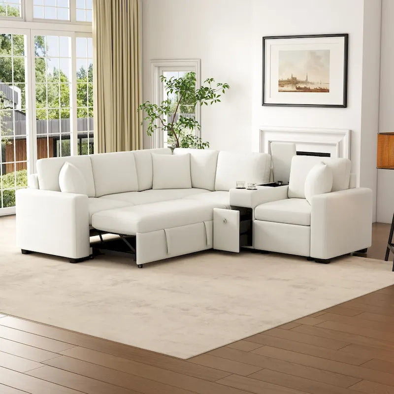 Chenille Ausziehbares Sektionssofa Schlafsofa Modulares Sektionssofa mit Kissen und 2 Becherhaltern für das Wohnzimmer