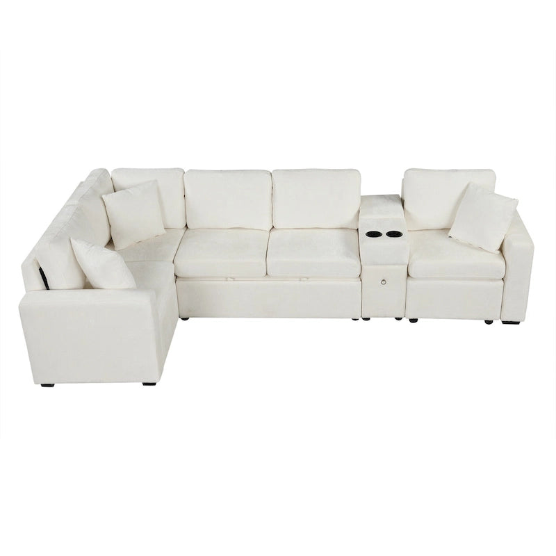 Chenille Ausziehbares Sektionssofa Schlafsofa Modulares Sektionssofa mit Kissen und 2 Becherhaltern für das Wohnzimmer